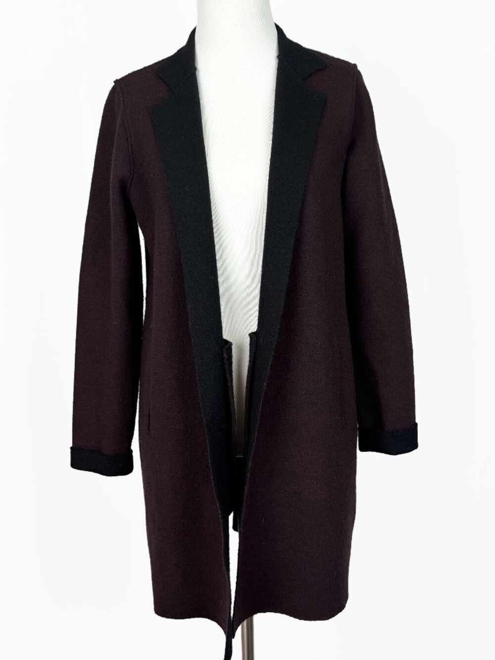 Eileen Fisher Burgundy Wool Open Front Long Coat Jacket Lagenlook PP (2P-4P)